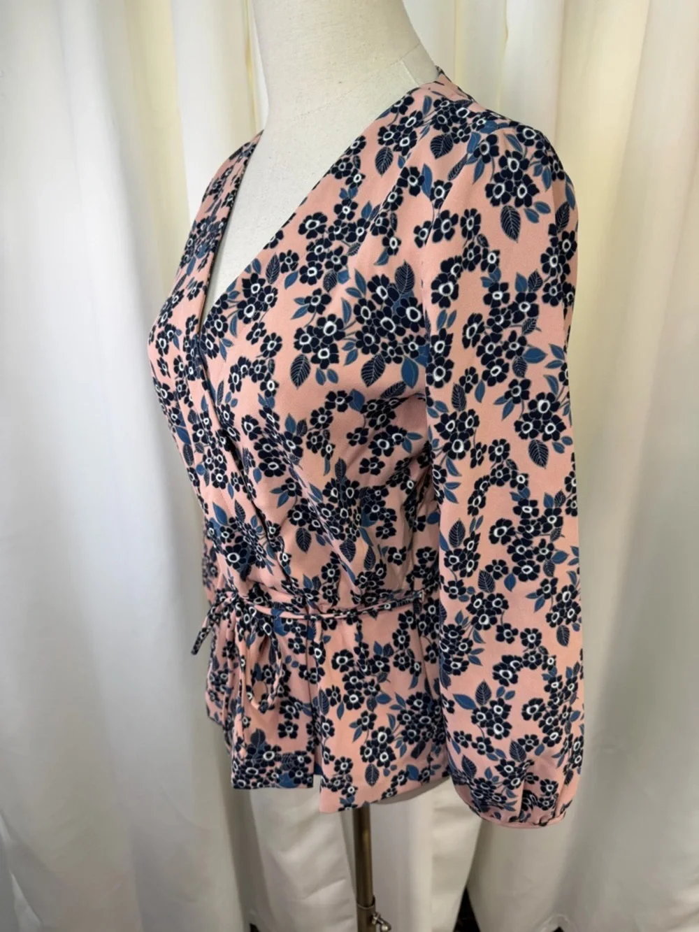 J. Crew Pink & Blue Floral Print Faux Wrap Crepe Blouson Sleeve Blouse Size 4